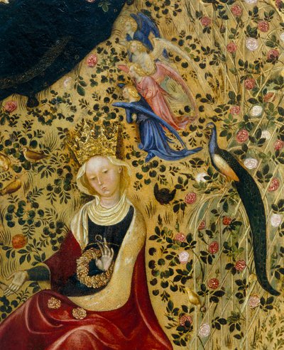 Saint Catherine of Alexandria omgitt av engler og en påfugl, detalj av Madonna del Roseto av Stefano di Giovanni da Verona