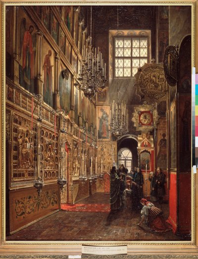 En gudstjeneste i Bebudelsens katedral i Kreml i Moskva - Maleri av Stepan Mikhailovich Shukhvostov (1821-1908), olje på lerret av Stepan Mikhailovich Shukhvostov