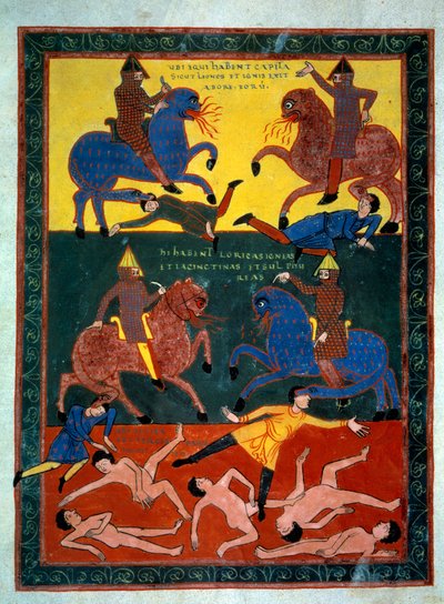 Apokalypsens fire riddere. Engelen blåser i den sjette trompeten: utseendet til hester med et løvehode som spytter ild, ryttere montert med slagskip. En tredjedel av mennene omkommer. Miniatyr i "" Beatus de Liebana, Commentary on the Apocalyp av Stephanus Garcia