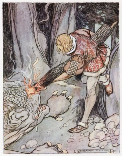 Illustrasjon for Siegfried the Dragon-Slayer (farge litho) av Stephen Reid
