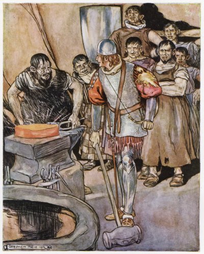 Illustrasjon for Siegfried the Dragon-Slayer (farge litho) av Stephen Reid