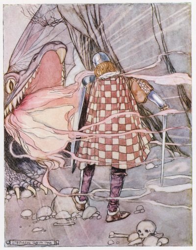 Illustrasjon for Siegfried the Dragon-Slayer (farge litho) av Stephen Reid