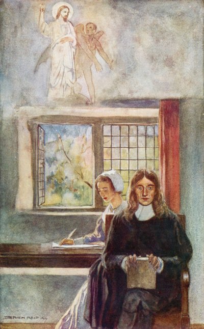 John Milton dikterer Paradise Lost til datteren sin (farge litho) av Stephen Reid