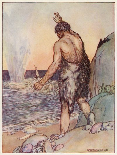 Polyfemos kastet, en stor stein (fargelitografi) av Stephen Reid
