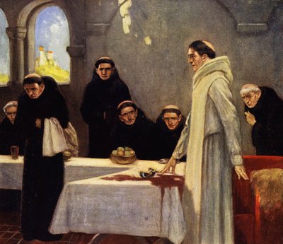 Sankt Benedikt og munkene (farge litho) av Stephen Reid