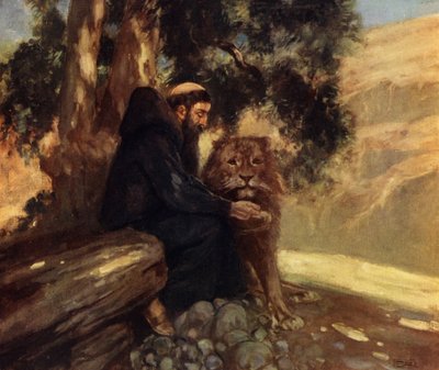 Saint Hieronymus og løven (farge litho) av Stephen Reid