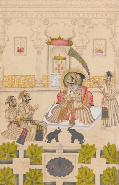 Maharana Amar Singh II vises to sølvelefanter, ca. 1705. av Stipple Master