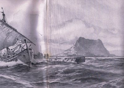 Tysk ubåt som reiser gjennom Gibralterstredet på vei til Dardenellene, fra puben The Illustrated History of the World War 1914-1915. av Union Berlagsefellfchaft av Willy Stoewer 