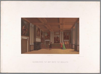 Utsikt over det indre av rådssalen, i grevens rom Council Chamber of den Hove of Holland (tittel på objekt) av Stortenbeker and Heijligers