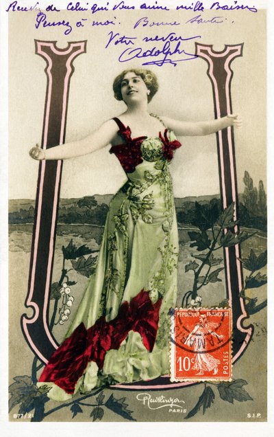 U : Olive Haygate, engelsk skuespillerinne fra la Belle Epoque - Alfabet på postkort av Studio Reutlinger