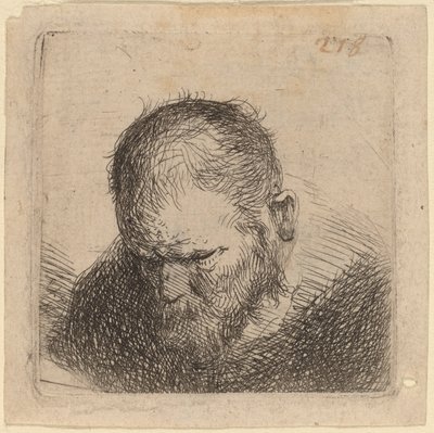 Skjeggete mann ser ned av Studio of Rembrandt van Rijn