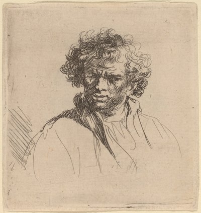 Krøllete mann med skjev munn av Studio of Rembrandt van Rijn