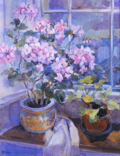 Rosa geranium på vindussete, 1996, av Sue Wales