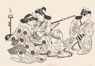 Samurai og kurtisan sitter, en tjener ved siden av dem, ca. 1685., ca. 1685. av Sugimura Jihei