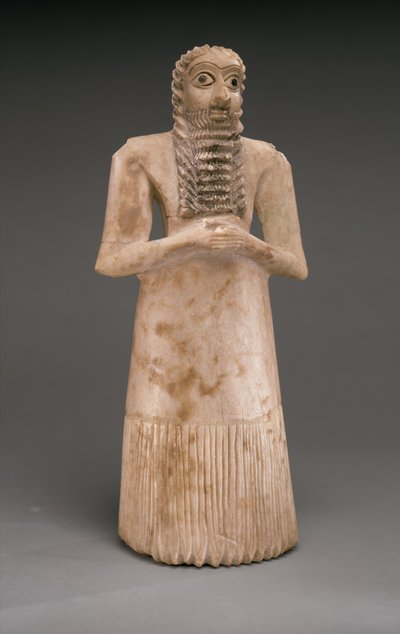 Stående mannlig tilbeder, tidlig dynastisk, ca. 2900-2600 f.Kr. (gipsalabast, skall, svart kalkstein, bitumen) av Sumerian