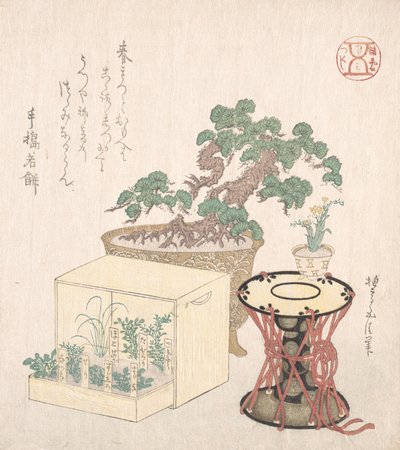 Pottet furutre, tromme og syv urter plantet i en boks, 1700-1900-tallet., 1700-1900-tallet. av Sunayama Gosei
