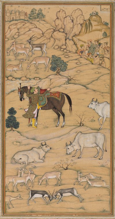 Akbar Mounting his Horse, side fra Chester Beatty Akbar Nama History of Akbar, 1605-07. av Sur Das Gujarati
