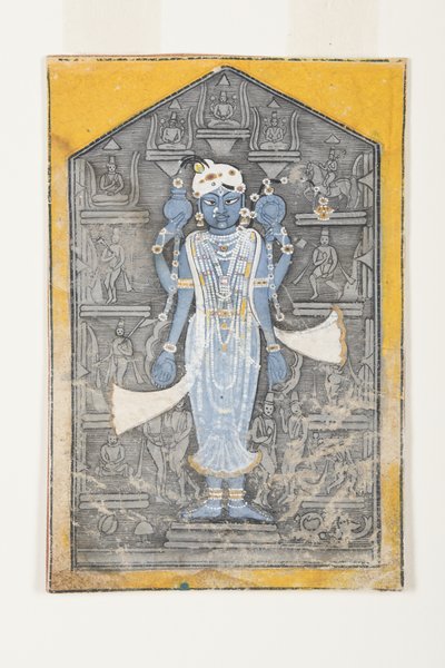 Et bilde av Vishnu omgitt av basrelieffer av avatarene hans, ca. 1780 (ugjennomsiktig wc og gull på papir) av Surdhaj Nanag Ram