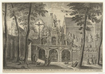 Stellage reist i Antwerpen i anledning kanoniseringen av Peter av Alcantara i 1669 Skildringer av steinklippen til ære for H. Peter Alcantara i syne Canonization den X. Sept. MDCLXIX til Antwerpen (tittel på objekt) av Susanna Verbruggen (possibly)