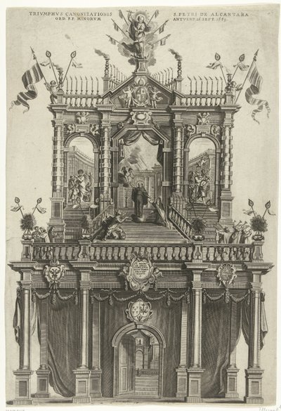 Triumfport reist i Antwerpen i anledning kanoniseringen av Peter av Alcantara i 1669 Triumphus Canonizationis S. Petri de Alcantara Ord. F.F. Minorum Antverp. 16 sept. 1669 (tittel på objekt) av Susanna Verbruggen (signed by artist)