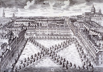 Fugleperspektiv av Charterhouse Square, Finsbury, London, c1750 av Sutton Nicholls