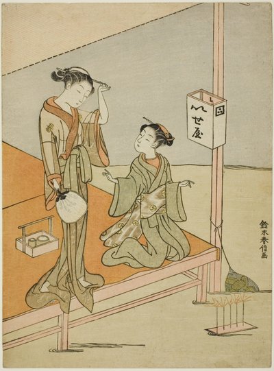 En kurtisane og hennes ledsager ved Riverside Teahouse Iseya av Suzuki Harunobu
