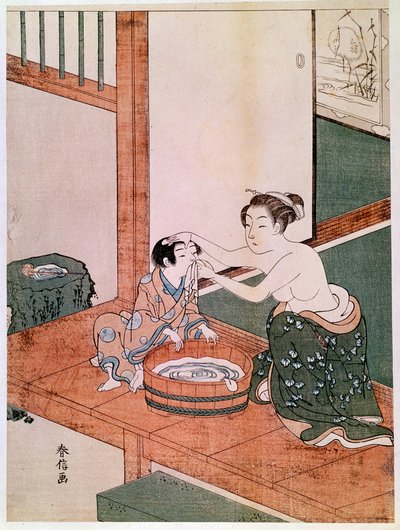 En naken mor vasker barnet sitt i Japan nær et basseng fylt med vann. Trykk av Haronobu Suzuki (1725 -1770). 1766-1768. Dim. 0,27x0,201 m. Paris, Guimet-museet, Nasjonalmuseet for asiatisk kunst av Suzuki Harunobu