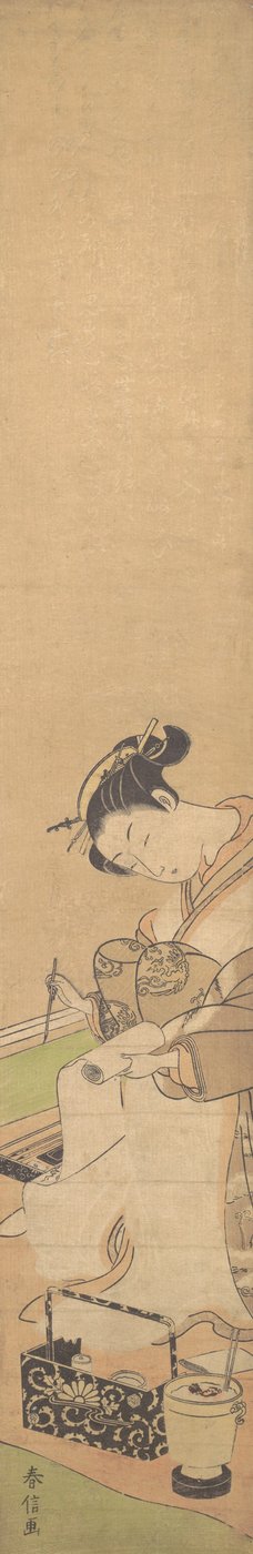 En Oiran sitter på en seng, skriver et brev, ca. 1769., ca. 1769. av Suzuki Harunobu