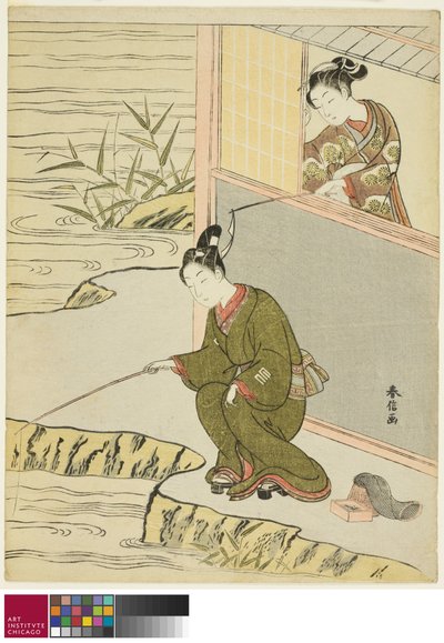 Skjønnhet som erter en ung mann som fisker, ca. 1768 av Suzuki Harunobu