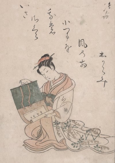 Beauty Unrolling Scroll, ca. 1770 (fargetresnitt på japansk papir) av Suzuki Harunobu