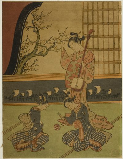 Courtesane ser på ledsagerne hennes leker med en ball av Suzuki Harunobu