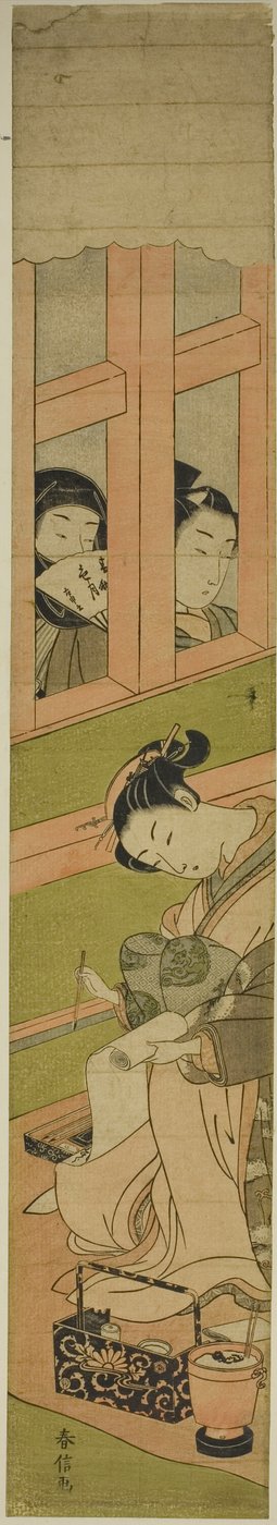 Courtesan Writing a Letter as Two Men Watch through a Window Lattice   1293365   no       norwegian Successfully Translated  Original: Qin Ming (Shin Mei), from a series of The Five Tiger Generals of Translat: Qin Ming (Shin Mei), from a series of The Five av Suzuki Harunobu