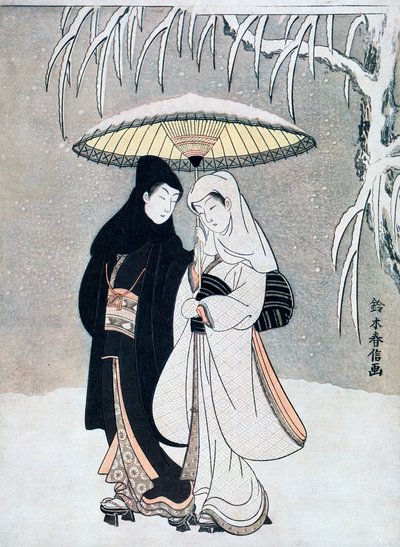 Crow and Heron, eller unge elskere som går sammen under en paraply i en snøstorm, c1769. av Suzuki Harunobu