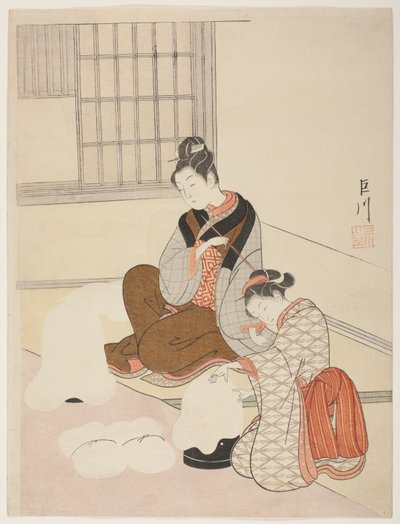 Evening Snow on a Floss Shaper (Nurioke no bosetsu), fra serien "Eight Views of the Parlour (Zashiki hakkei)" av Suzuki Harunobu