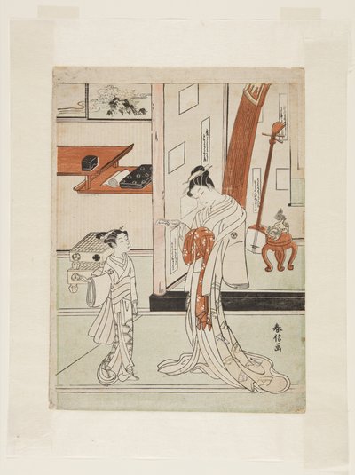 Geisha and Attendant (farget treblokktrykk) av Suzuki Harunobu
