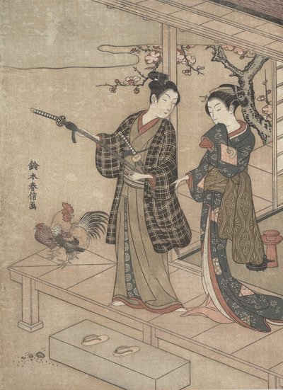 Gentleman tar avskjed med sin frue på en veranda. av Suzuki Harunobu