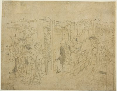 Nøkkelblokktrykk for The Introduction (Miai), det første arket fra serien "Marriage in Brocade Prints, the Carriage of the Virtuous Woman (Konrei nishiki misao-guruma)" av Suzuki Harunobu