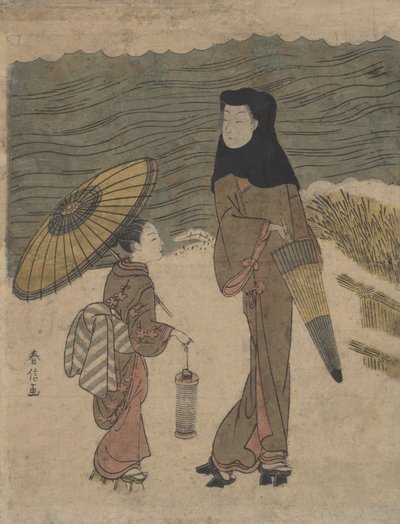 Dame med svart hette og paraply ute på tur med ung ledsager. av Suzuki Harunobu
