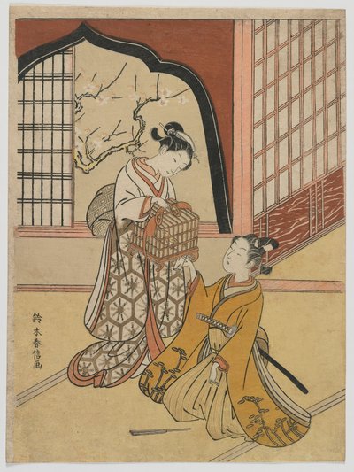 Elskere med et fuglebur, Edo-perioden, ca. 1766-67 (farget treblokktrykk) av Suzuki Harunobu