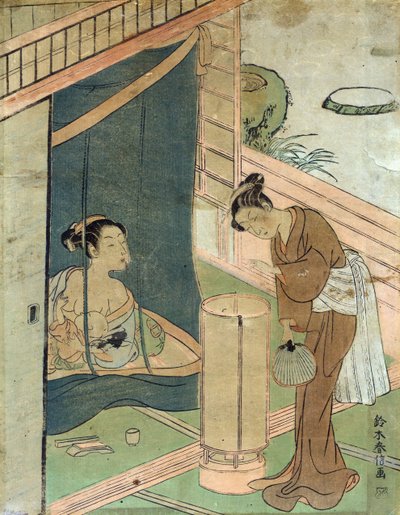 Mor og barn bak myggnetting av Harunobu Suzuki, en japansk designer av treblokktrykkkunstner i Ukiyo-e-stil. av Suzuki Harunobu
