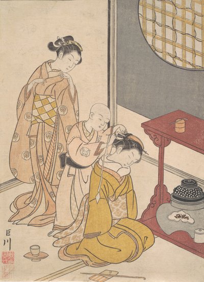 Night Rain at the Double-Shelf Stand, fra serien Eight Parlour Views Zashiki hakk..., ca. 1766. av Suzuki Harunobu