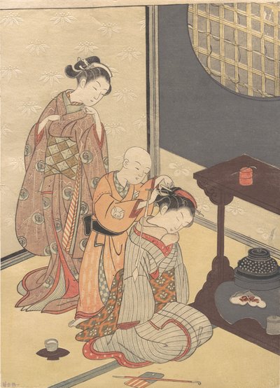 Night Rain at the Double-Shelf Stand, fra serien Eight Parlour Views ..., ca. slutten av 1700-tallet. av Suzuki Harunobu