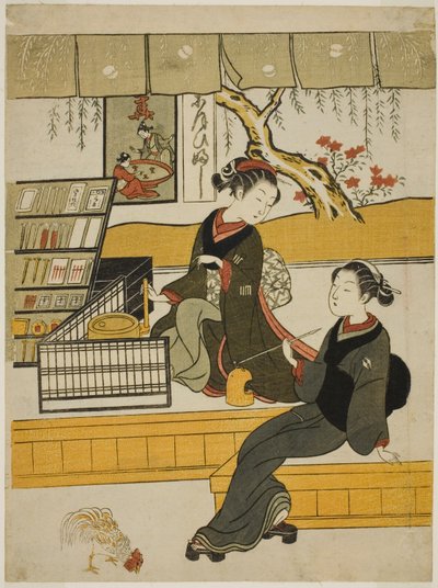 Ofuji, Shop Girl of the Motoyanagiya, med en kunde av Suzuki Harunobu
