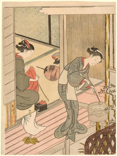 Returning Sails of the Towel Rack (Tenugui-kake no kihan), fra serien "Eight Views of the Parlour (Zashiki hakkei)" av Suzuki Harunobu