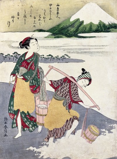 Salt Maidens på Tago-no-ura-stranden med Fuji-fjellet bak (farget treblokktrykk) av Suzuki Harunobu