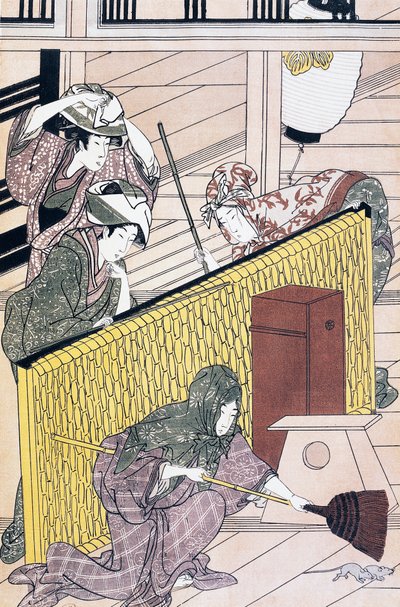 Tjener som jager mus i huset, ukiyo-e kunsttrykk av Suzuki Harunobu (1725-1770), tresnitt, japansk sivilisasjon, Edo-perioden av Suzuki Harunobu