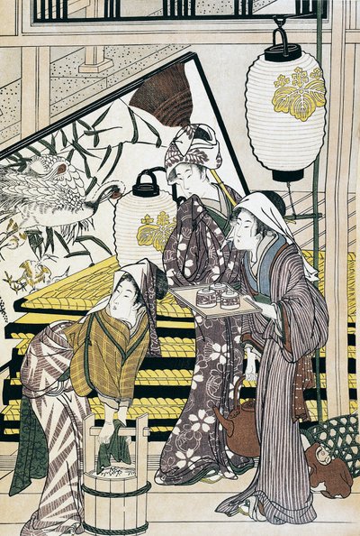 Tjenere som sliter i hjemmet, ukiyo-e kunsttrykk av Suzuki Harunobu (1725-1770), tresnitt, japansk sivilisasjon, Edo-perioden av Suzuki Harunobu