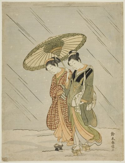 Snø på vei tilbake fra det offentlige badet av Suzuki Harunobu