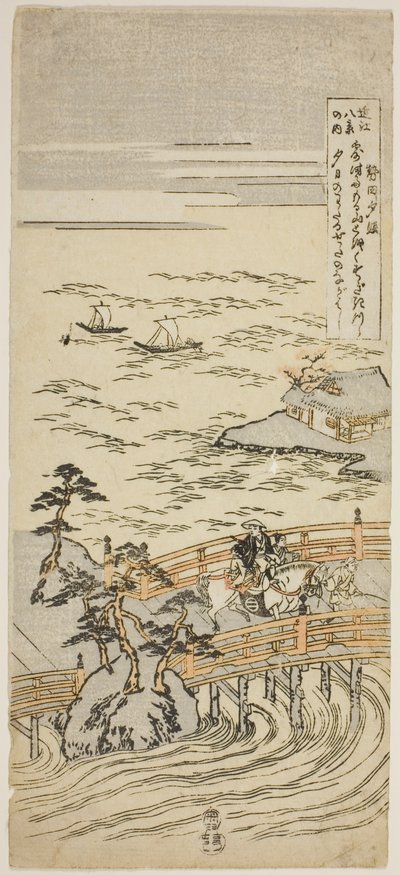 Sunset Glow at Seta (Seta Sekisho), fra serien "Eight Views of Omi (Omi Hakkei No Uchi)" av Suzuki Harunobu