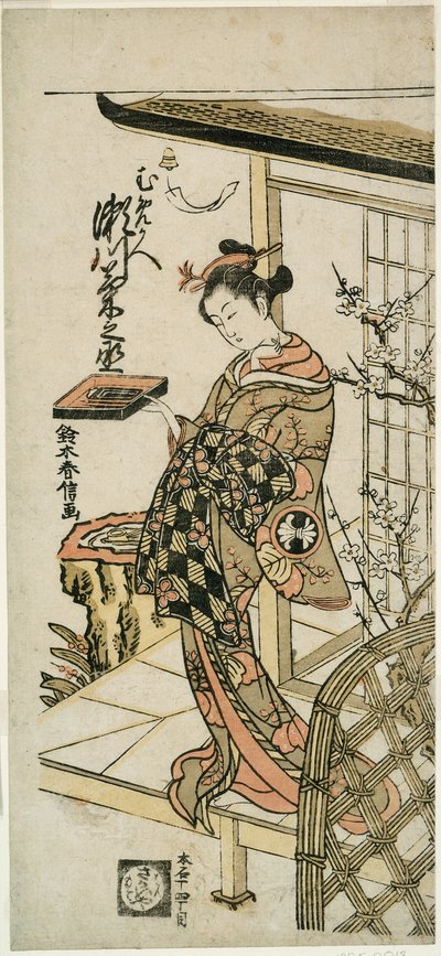Skuespilleren Segawa Kikunojo II som kurtisanen Umegae i stykket "Hiragana Seisuiki," fremført på Ichimura Theatre den første måneden, 1764 av Suzuki Harunobu